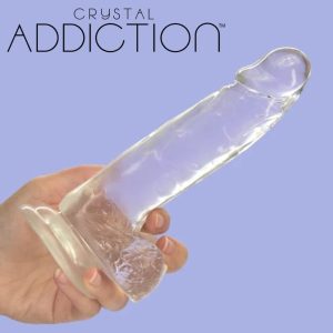 Crystal Addiction 8-Inch Clear Dildo with Balls – BMS Factory, Suction Cup and Bullet